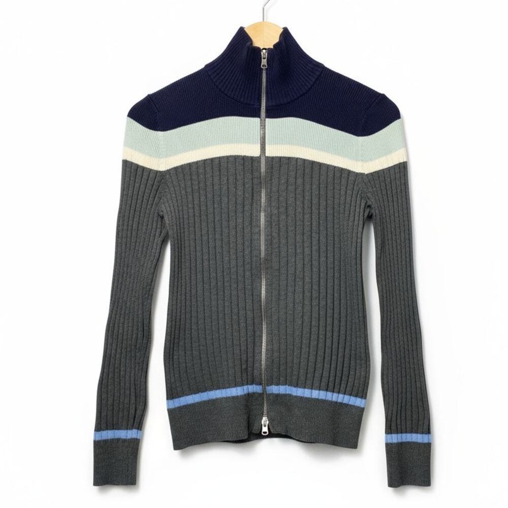 Y2K Eddie Bauer Blue Colorblock Ribbed Knit Cotton Full Zip Sweater Cardigan Med